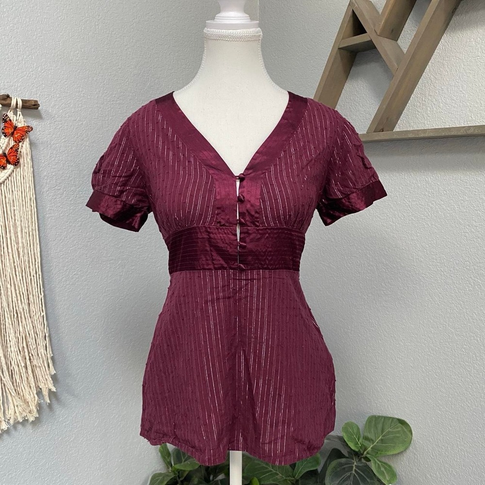 Y2K BURGUNDY BABYDOLL TIE BACK TOP SHORT SLEEVE Y2K OFFICE SIREN COTTAGECORE